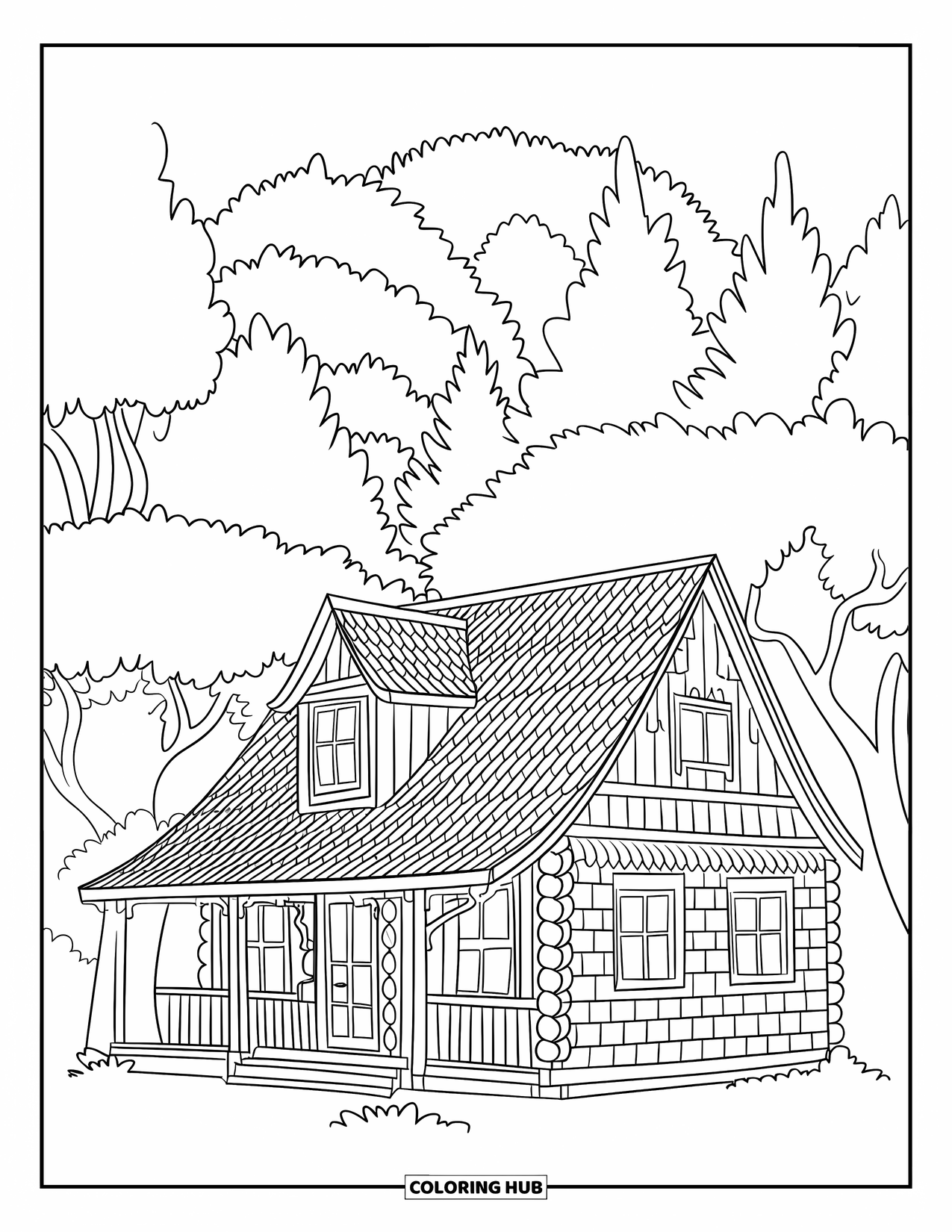 Cabin Coloring Page for Kids: Wooden cabin with beams and trees tucked into a gentle forest