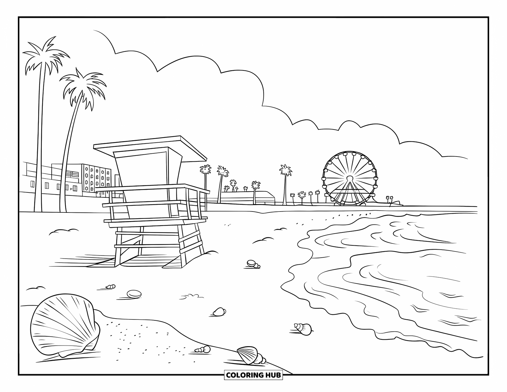 California Coloring Page for Adults: A beach view with gentle waves, seashells, and a Ferris wheel behind palm trees