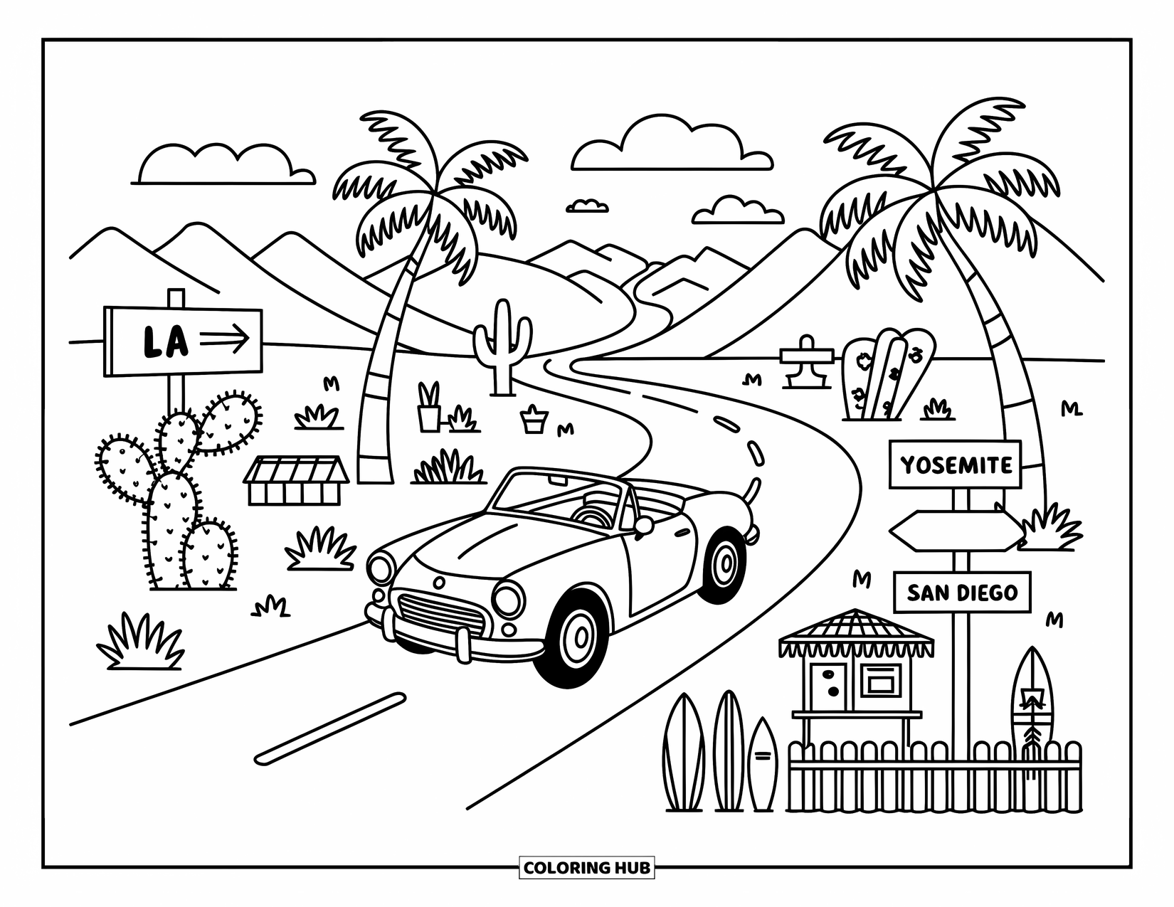 California Coloring Page for Adults: A cheerful car drives past cacti and signs for LA, Yosemite, and San Diego