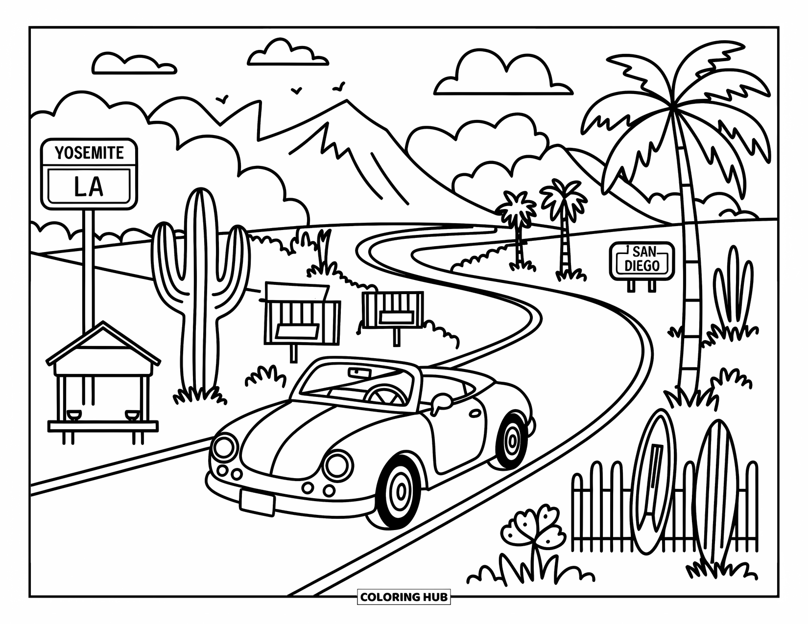California Coloring Page for Adults: A convertible cruises through palm-lined roads with surfboards, motels, and lemonade stands nearby