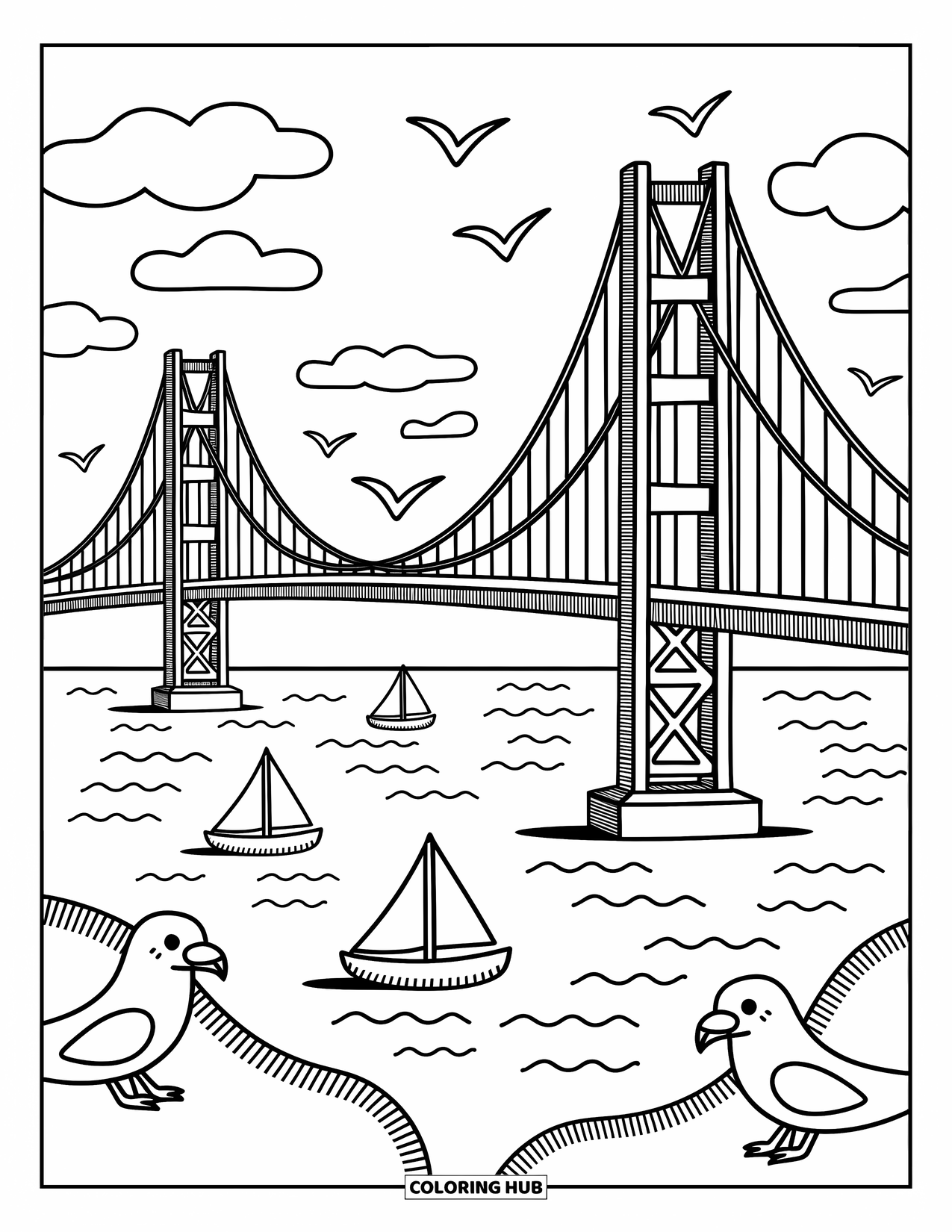 California Coloring Page for Adults: A cozy bay scene with sailboats under the Golden Gate Bridge and seagulls nearby