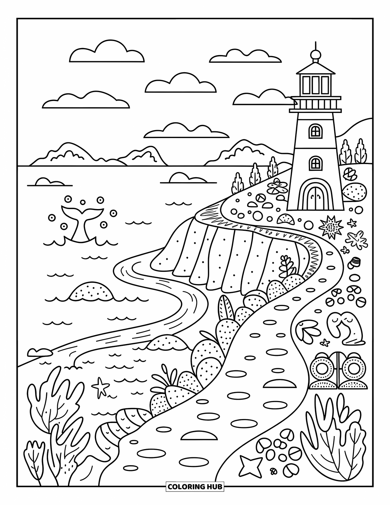 California Coloring Page for Adults: A cozy coastline scene shows a whale tail, lighthouse, and whimsical beach treasures