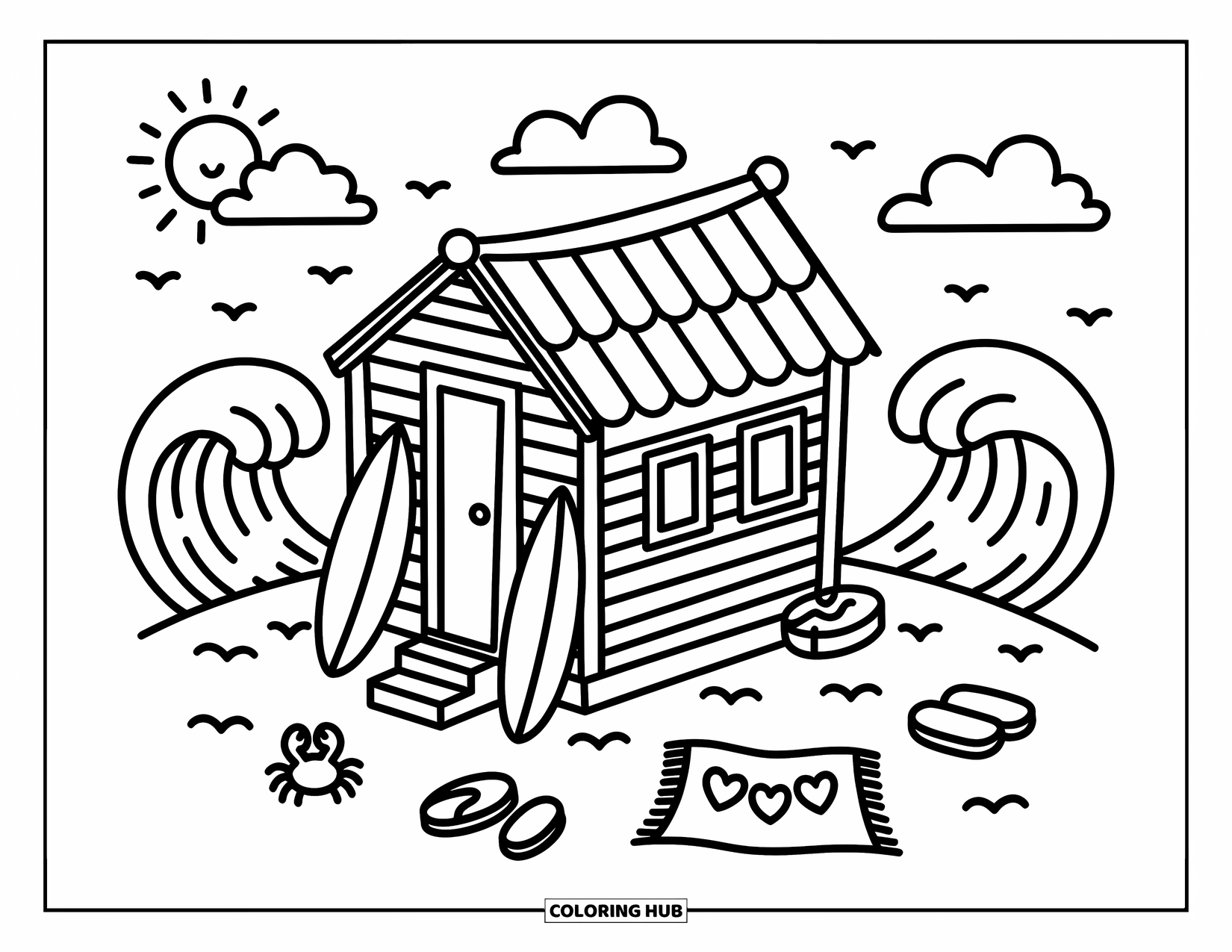California Coloring Page for Adults: A cozy surf shack sits by the beach with flip-flops, towels, and a tiny crab