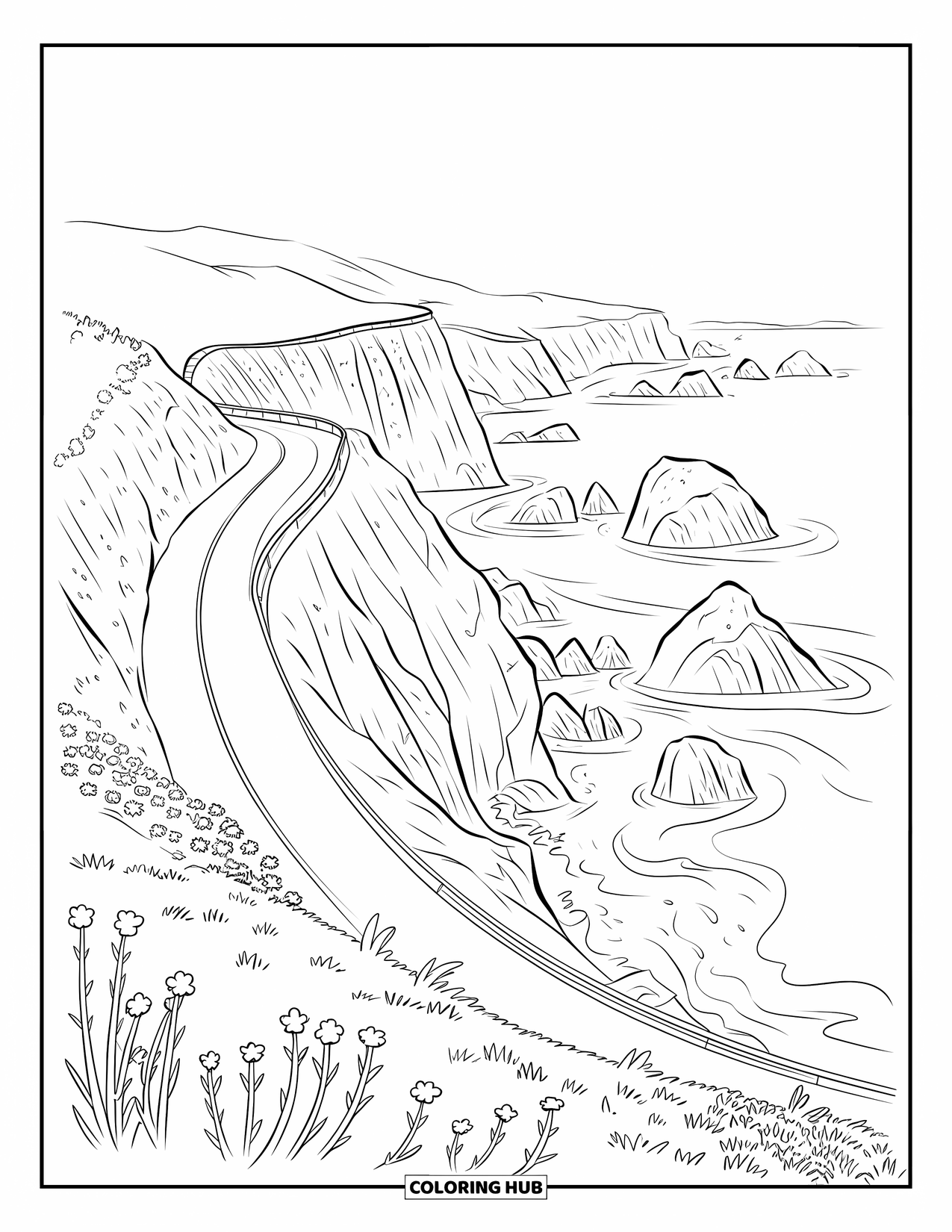 California Coloring Page for Adults: A dramatic coastal road in Big Sur overlooks cliffs and crashing ocean waves