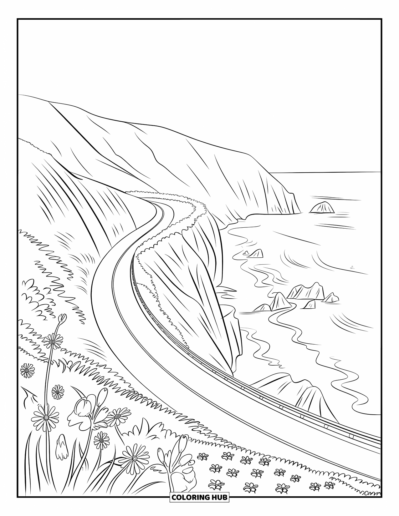 California Coloring Page for Adults: A quiet coastal road hugs Big Sur cliffs with wildflowers and ocean waves below