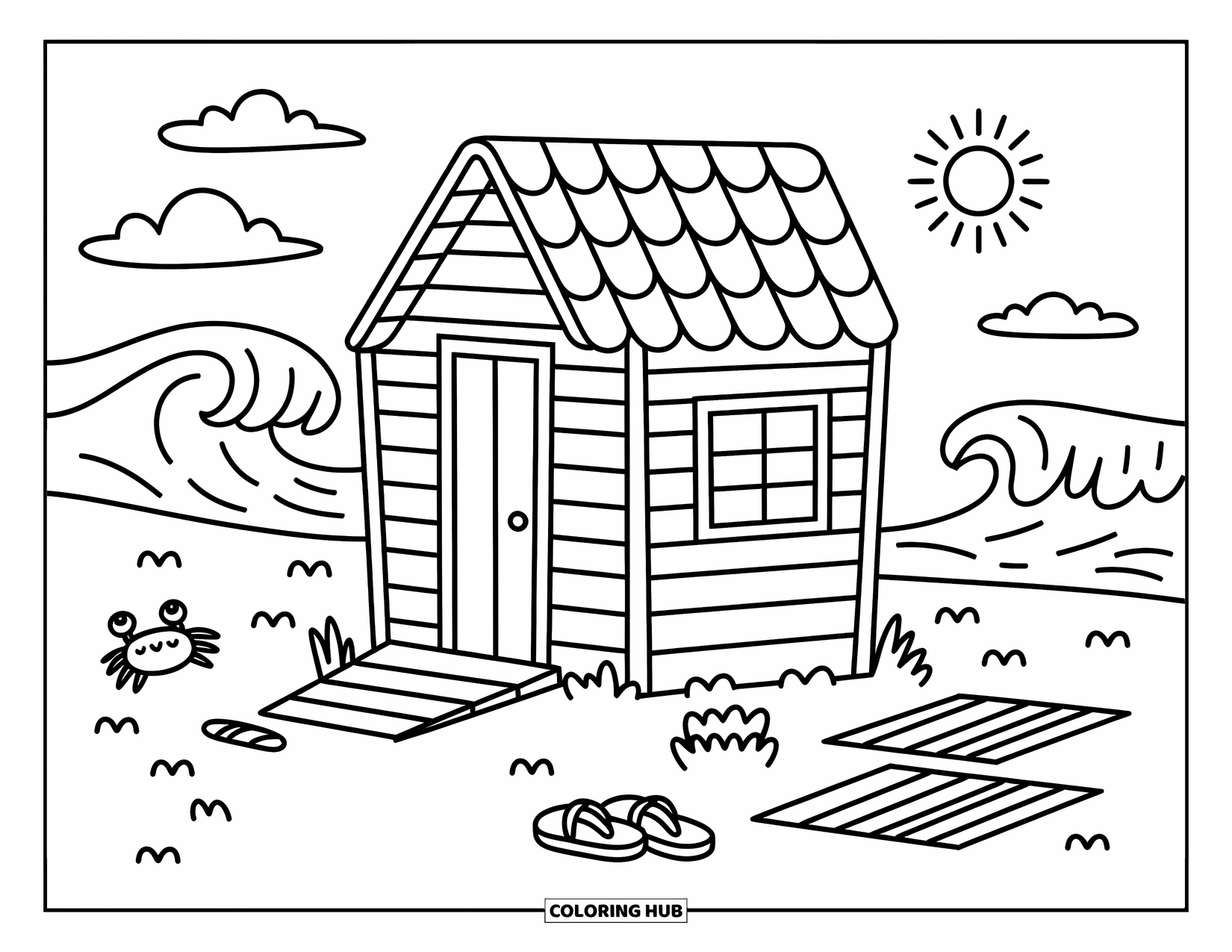 California Coloring Page for Adults: A small surf shack stands by the sea with beach towels and a smiling sun