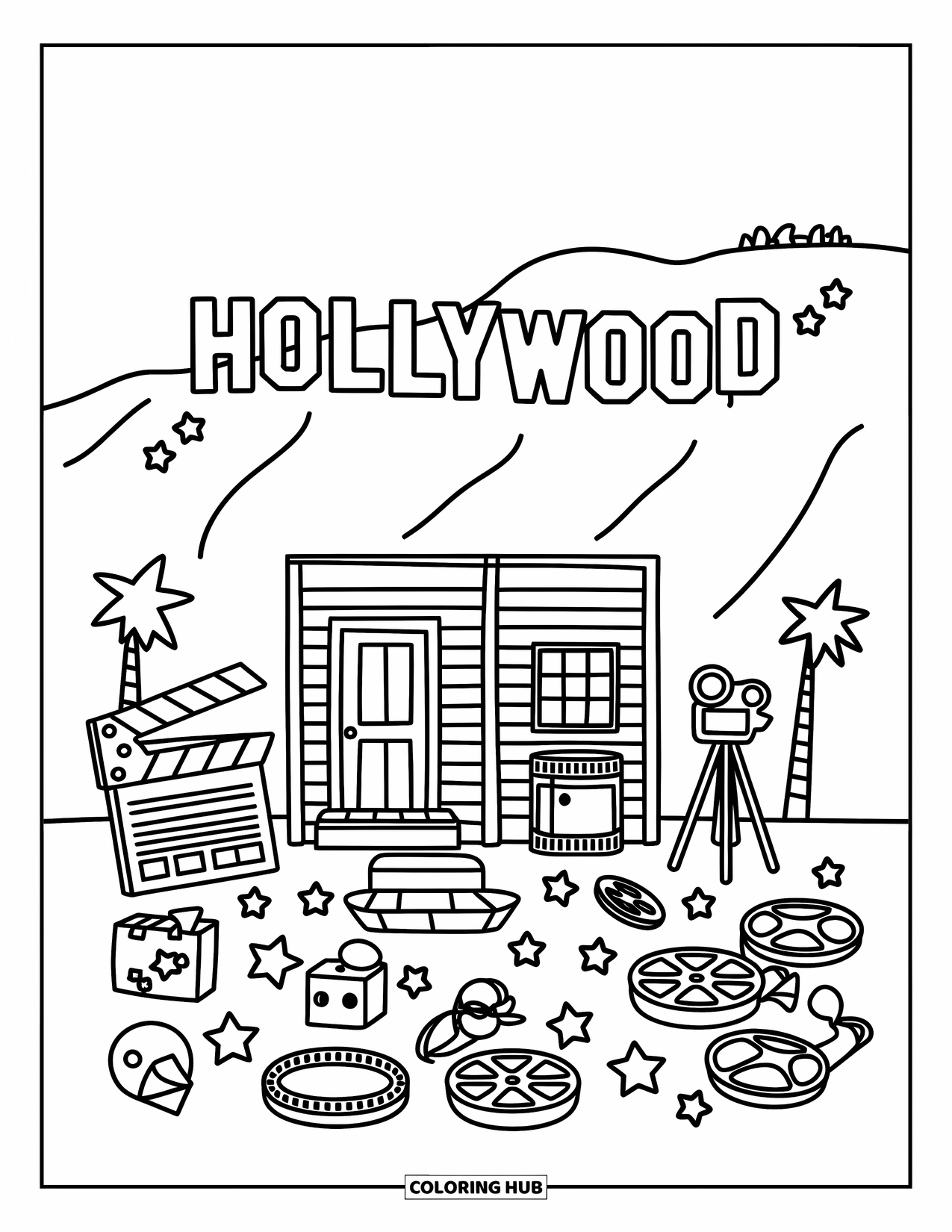 California Coloring Page for Adults: A tiny film set decorates the hills below a whimsical Hollywood sign