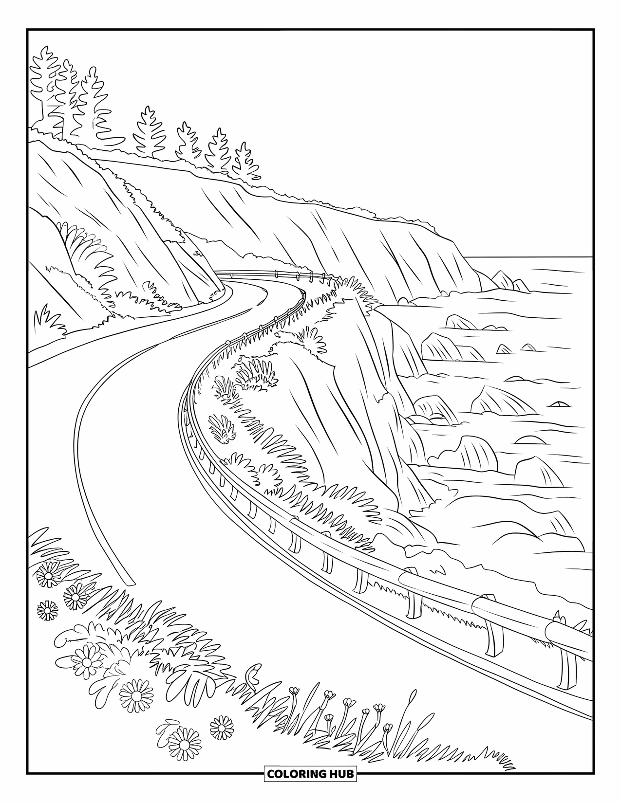 California Coloring Page for Adults: A winding Big Sur drive passes steep cliffs and colorful wildflowers