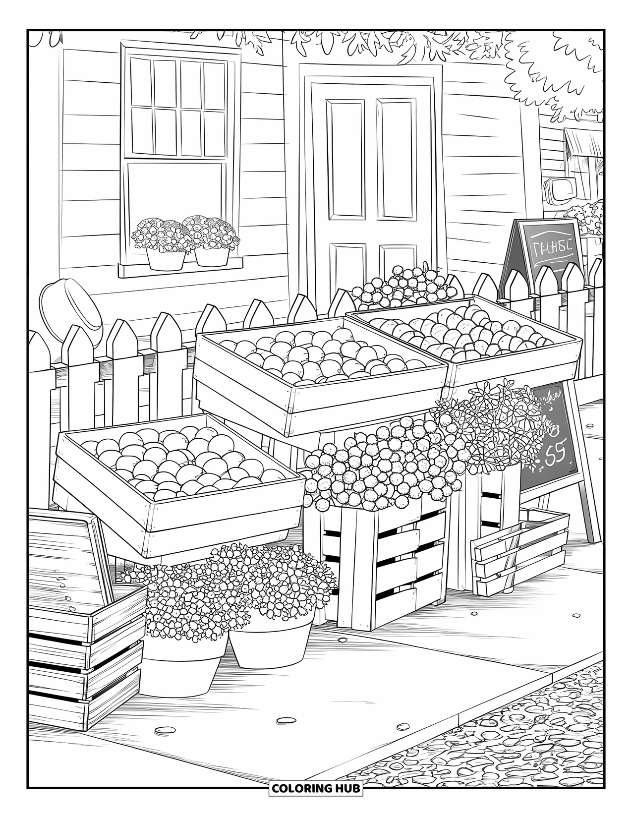 California Coloring Page for Adults: Fruit crates and flowers fill a tiny farmers market near a white building