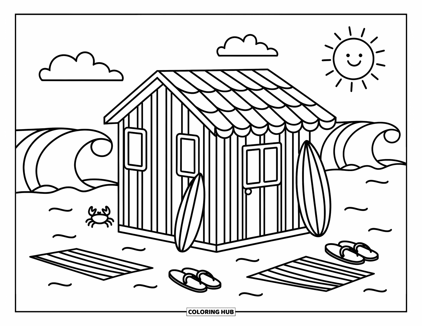 California Coloring Page for Adults: Two surfboards lean against a tiny beach shack with flip-flops and a crab nearby