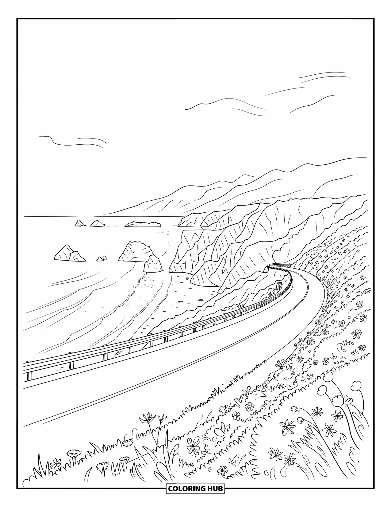 California Coloring Page for Adults: Waves crash beneath Big Sur cliffs along a winding flower-lined road