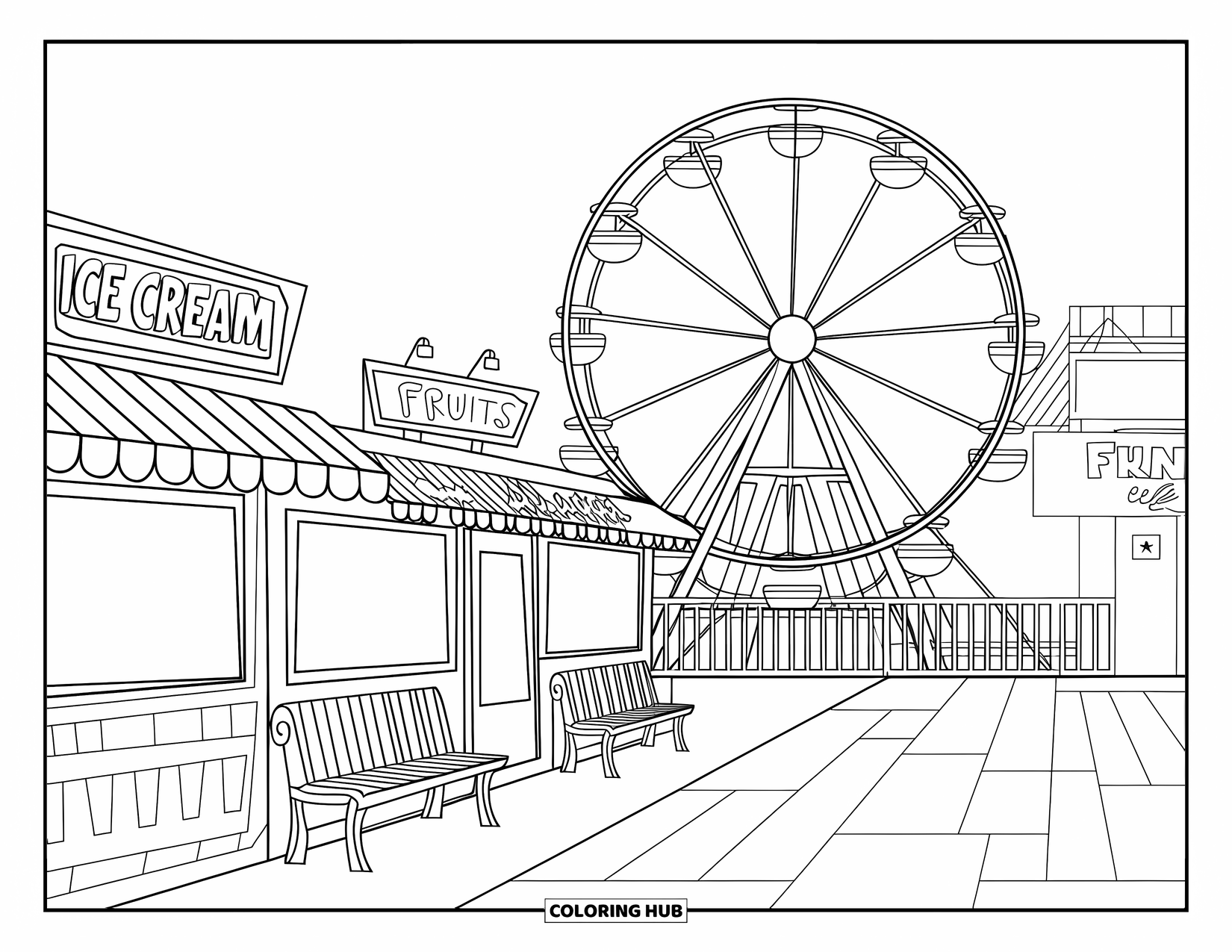 California Coloring Page for Kids: A beach boardwalk with a Ferris wheel, snack stalls, and a "Fun Zone" building