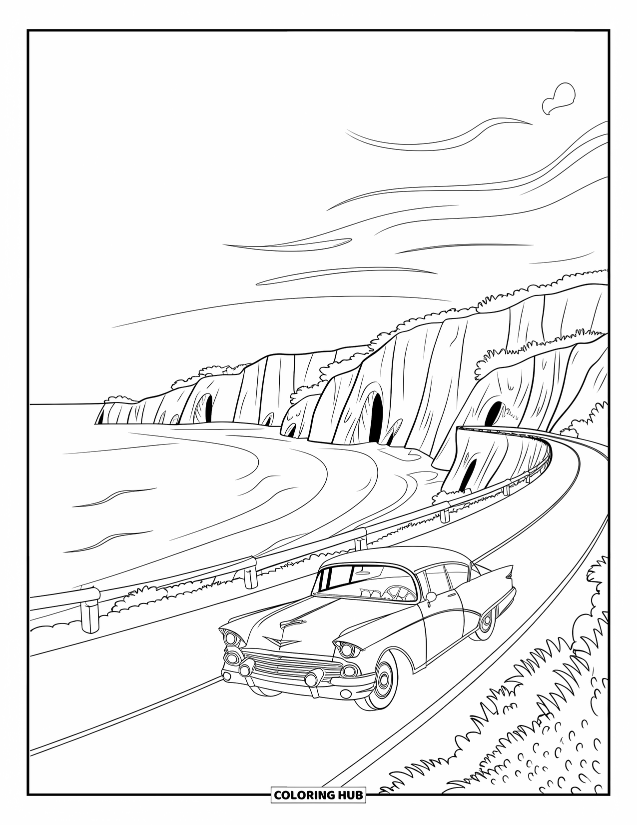 California Coloring Page for Kids: A classic car drives past cliffs on a quiet coastal road