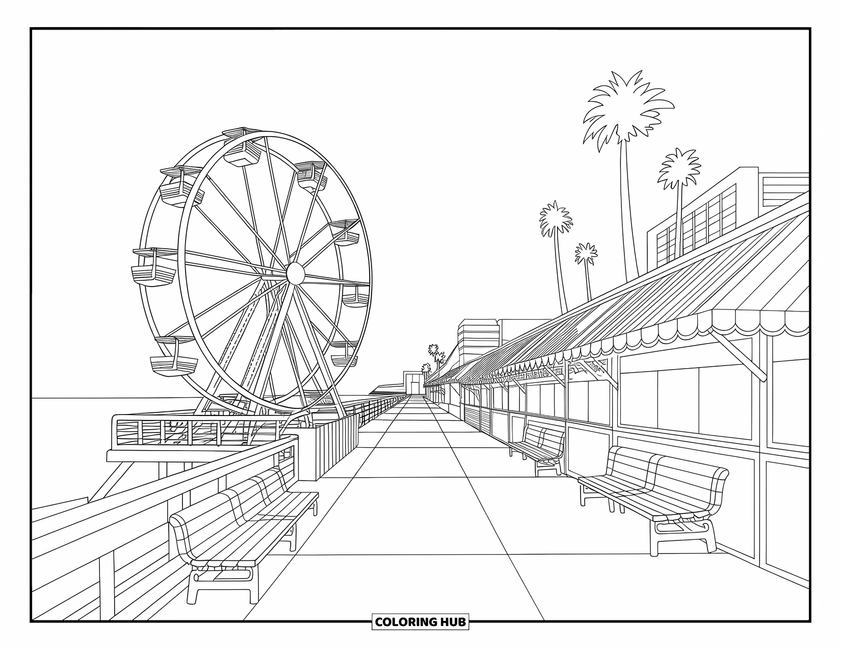 California Coloring Page for Kids: A coastal boardwalk with vendor stalls, palm trees, and a Ferris wheel by the ocean