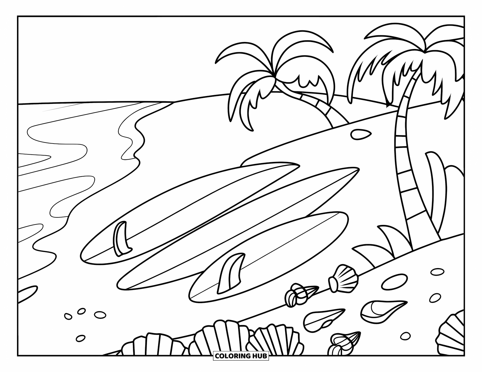 California Coloring Page for Kids: A cozy beach scene with surfboards, seashells, and waving palm trees