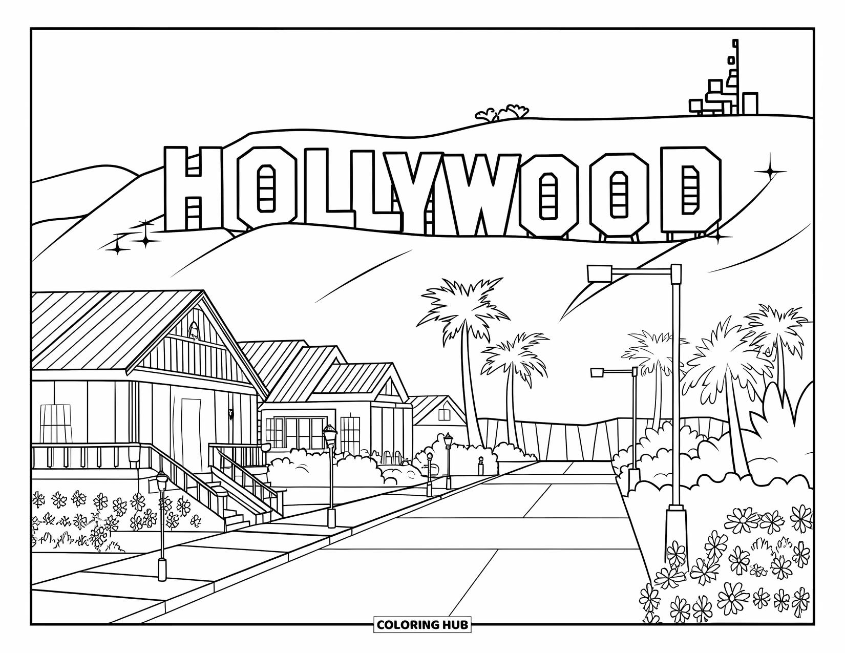 California Coloring Page for Kids: A cozy street with palm trees, flowers, and the Hollywood sign above