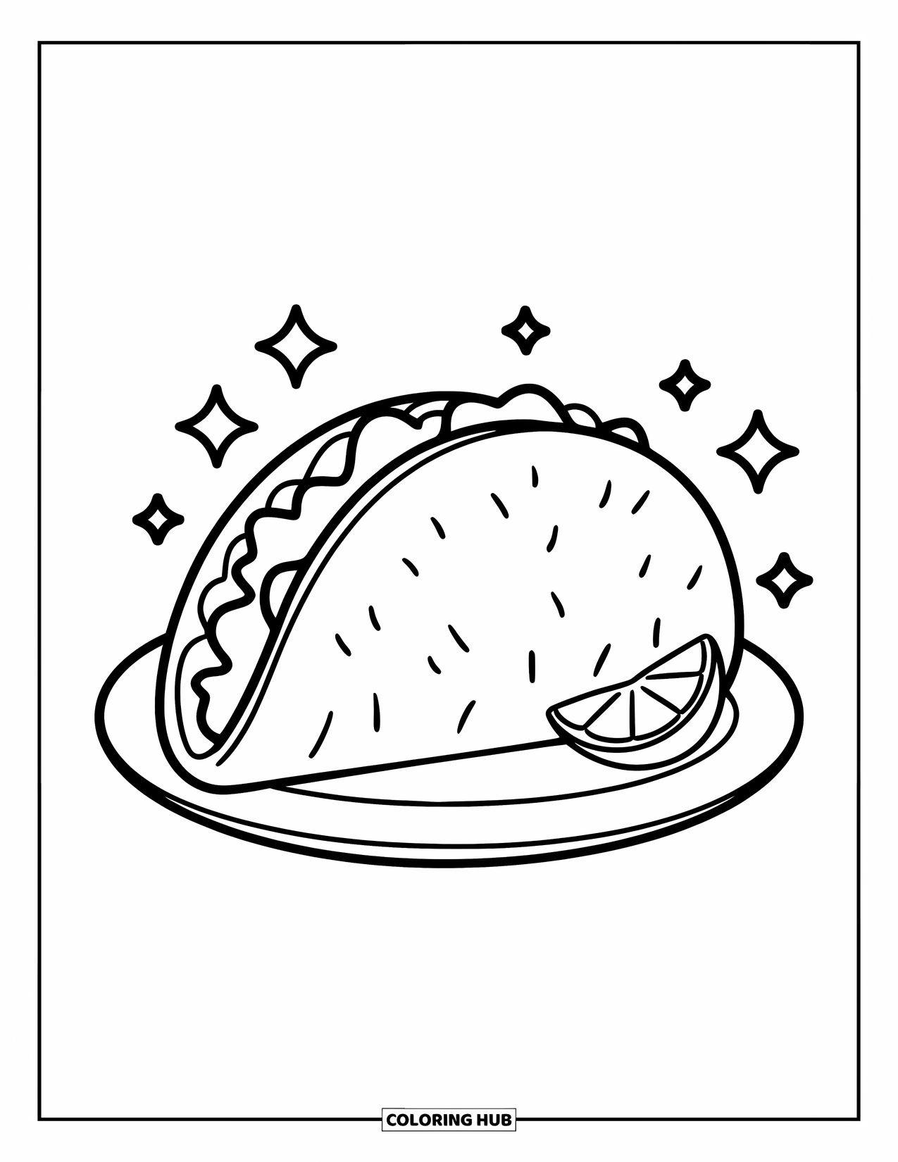 California Coloring Page for Kids: A giant taco with a lemon slice and sparkles on a plate