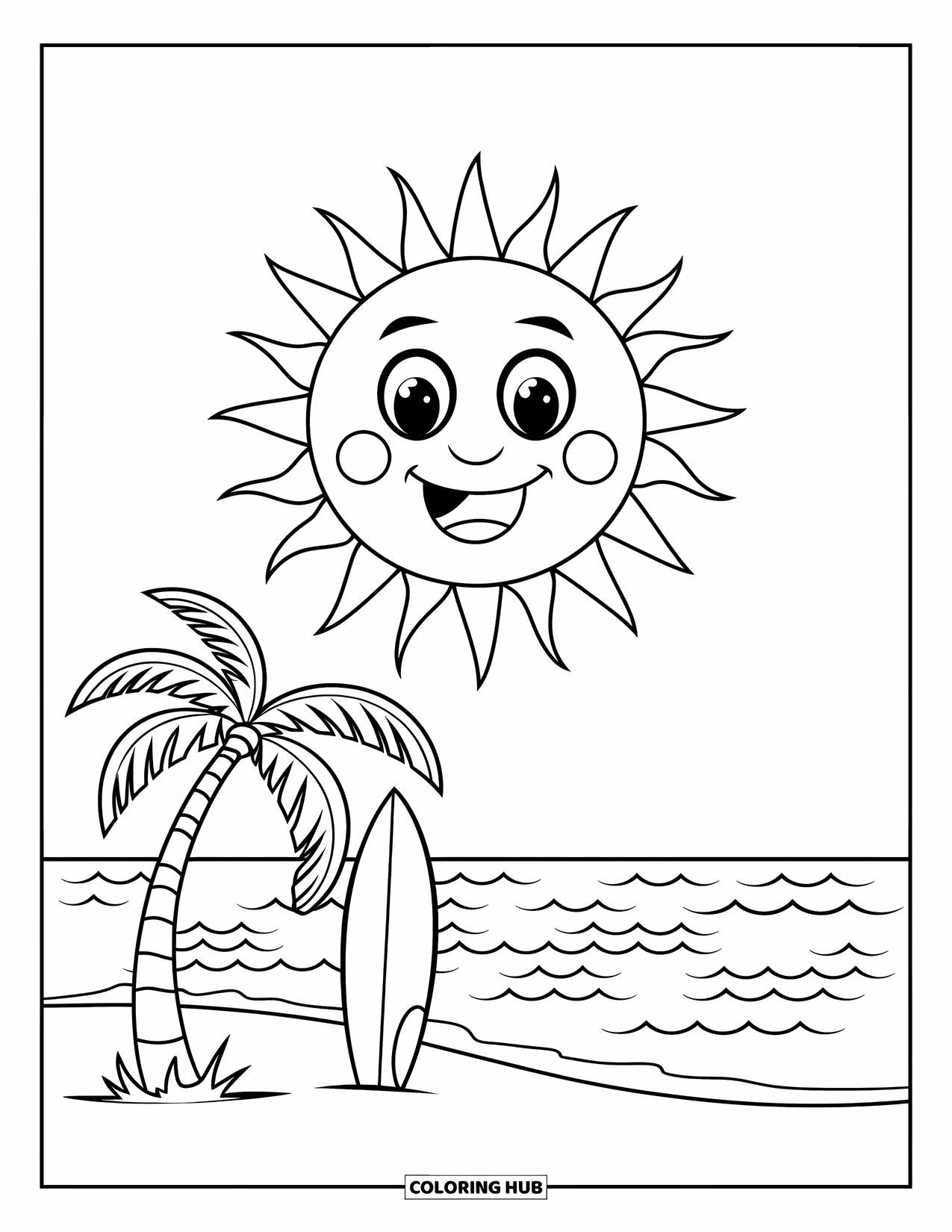 California Coloring Page for Kids: A happy sun glows over waves, a surfboard, and a single palm tree