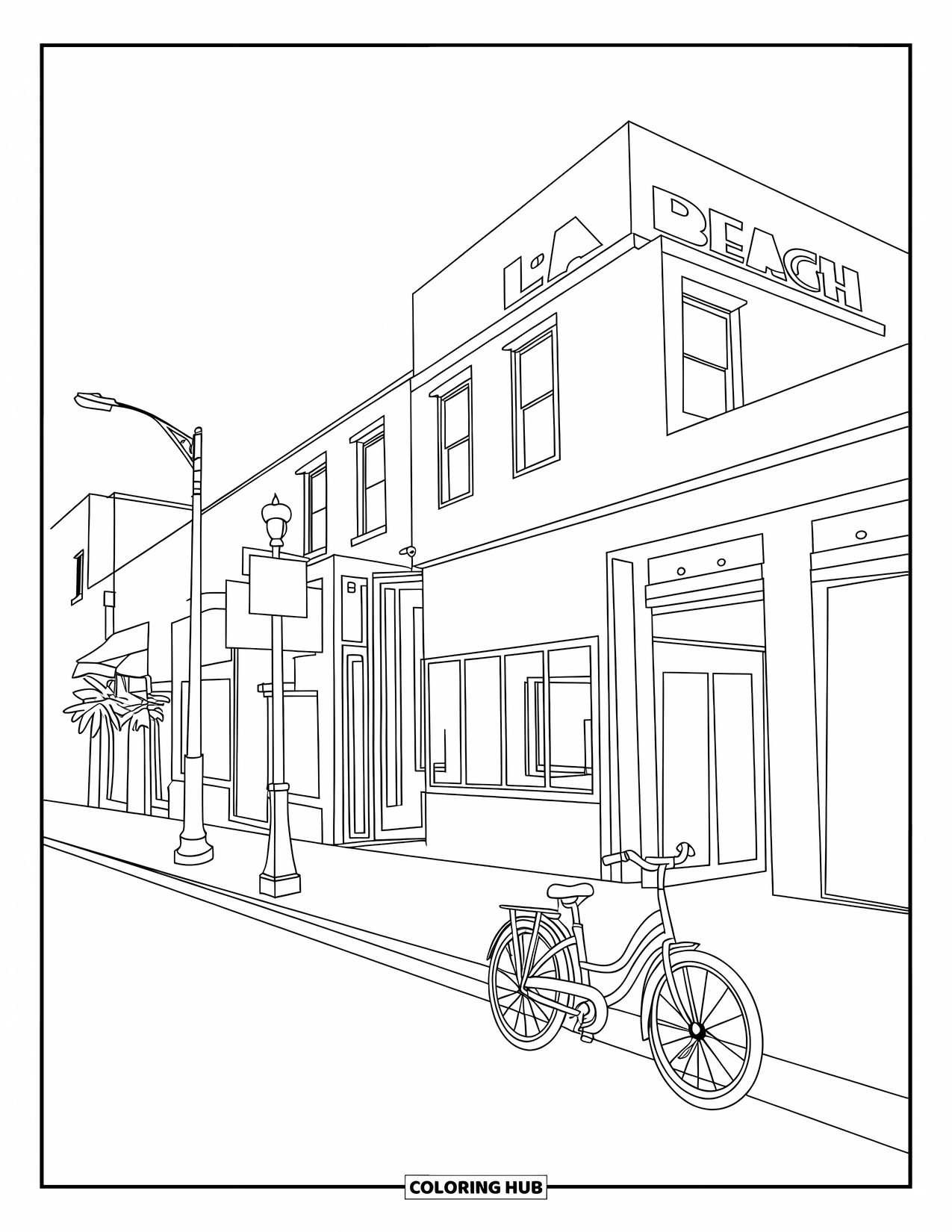 California Coloring Page for Kids: A modern LA street scene with pastel buildings, a parked bike, and palm trees
