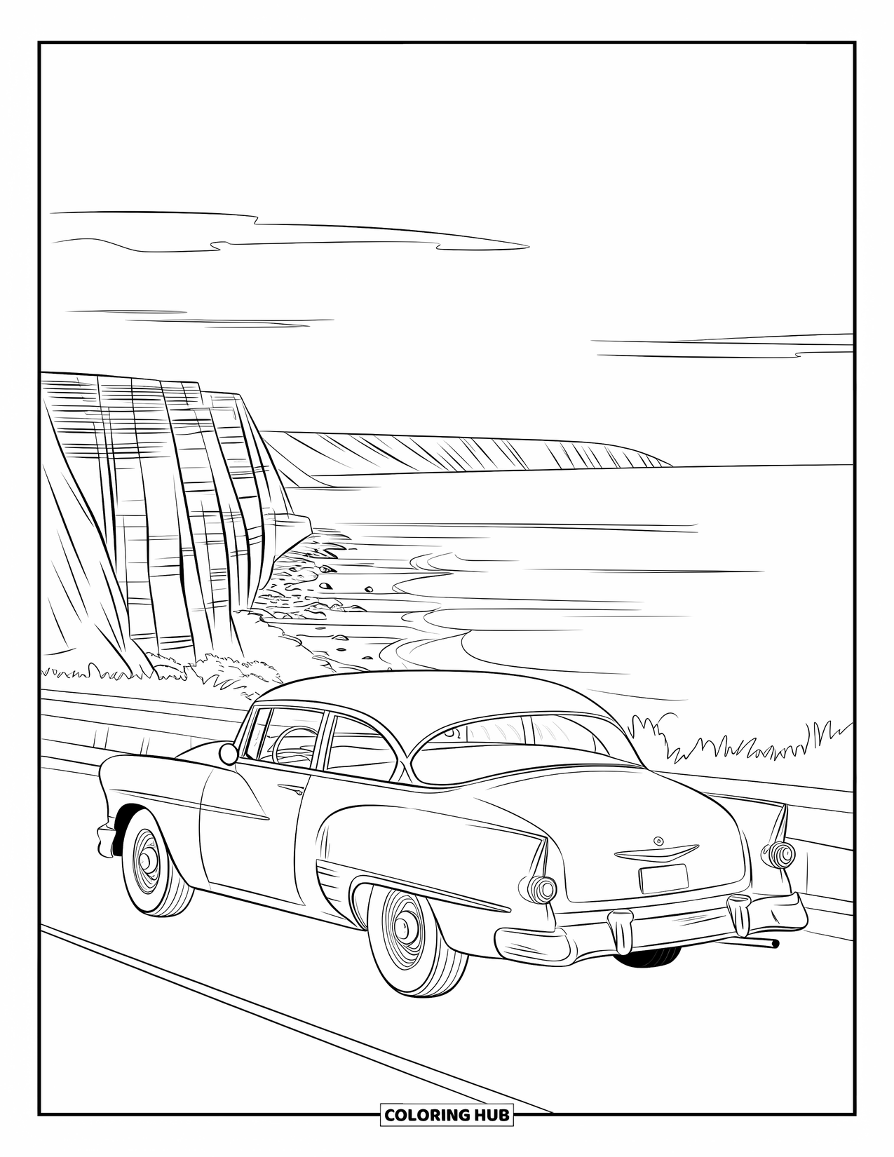 California Coloring Page for Kids: A parked vintage car overlooks cliffs and the ocean stretching to the horizon