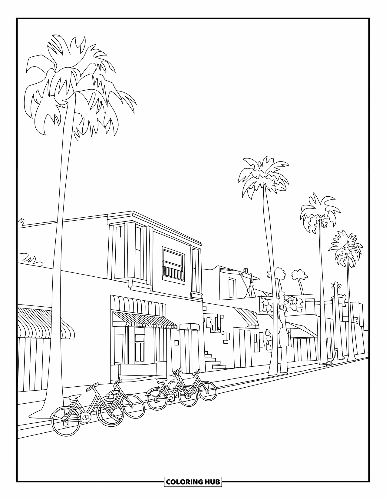California Coloring Page for Kids: A pastel LA street with beach bikes, palm trees, and cozy buildings