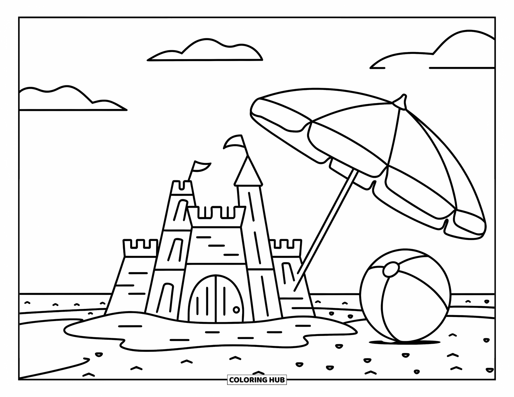 California Coloring Page for Kids: A sandcastle stands beside a beach umbrella and ball under a sunny sky