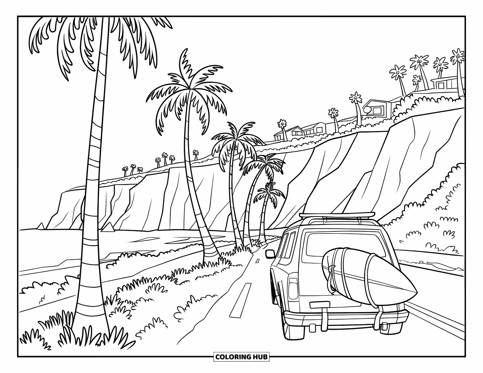 California Coloring Page for Kids: A scenic highway lined with palm trees, cliffs, and a surf-ready car