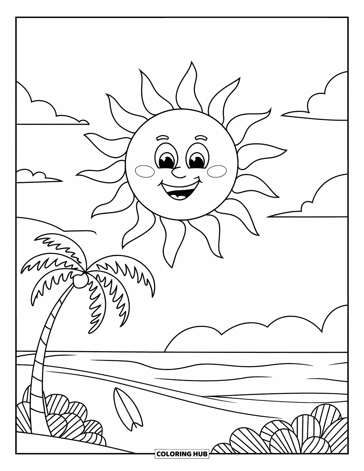 California Coloring Page for Kids: A smiling sun shines above a beach with one palm tree and a surfboard