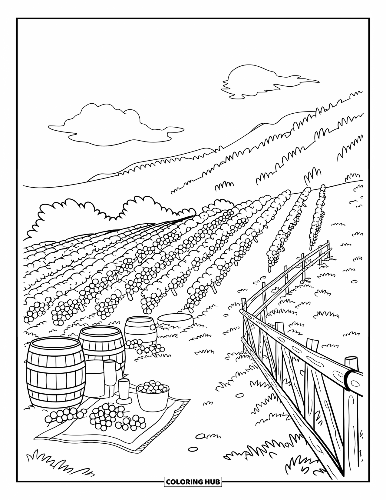 California Coloring Page for Kids: A sunny vineyard with grapevines, barrels, and a wooden fence