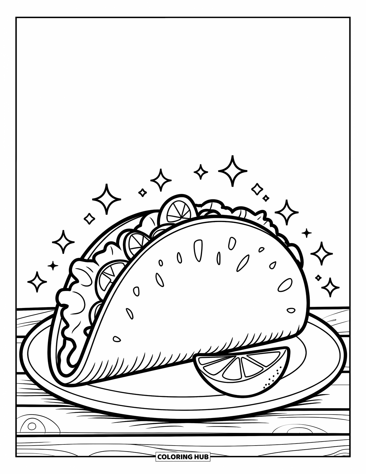 California Coloring Page for Kids: A taco filled with toppings sits on a plate with a lemon and sparkles