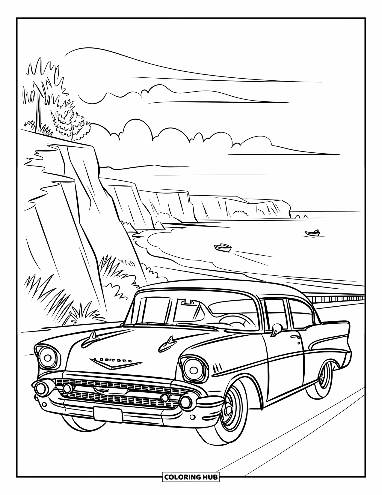 California Coloring Page for Kids: A vintage car cruises a cliffside road with ocean waves below