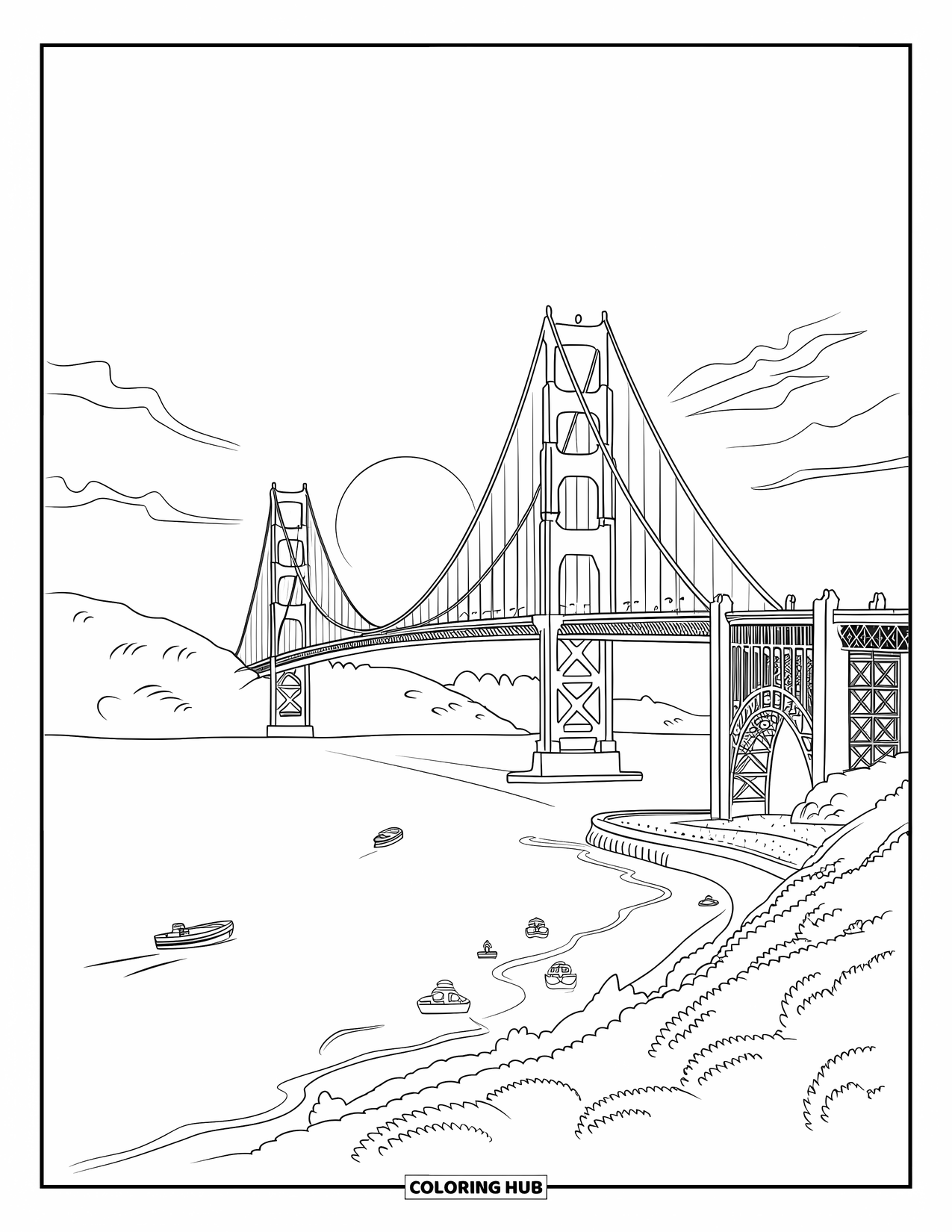 California Coloring Page for Kids: Golden Gate Bridge and small boats on a calm bay during sunset
