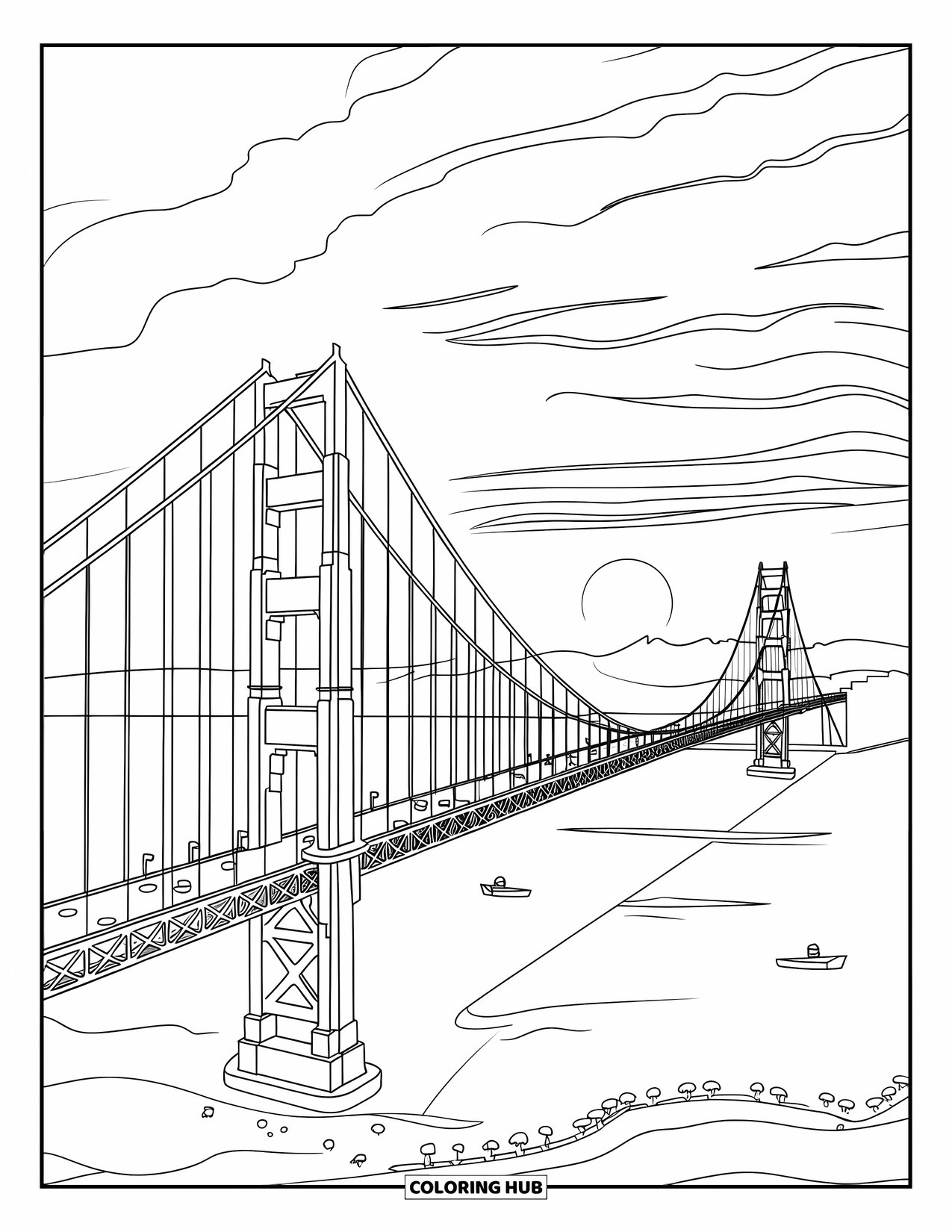 California Coloring Page for Kids: Golden Gate Bridge arches over a peaceful bay filled with little boats