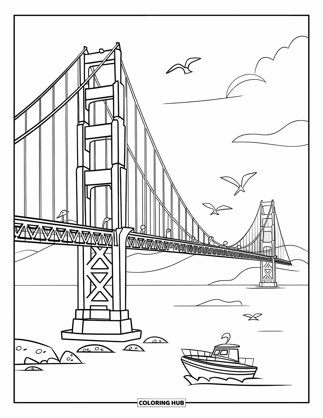 California Coloring Page for Kids: Golden Gate Bridge with clouds, birds, and rocks near a boat below