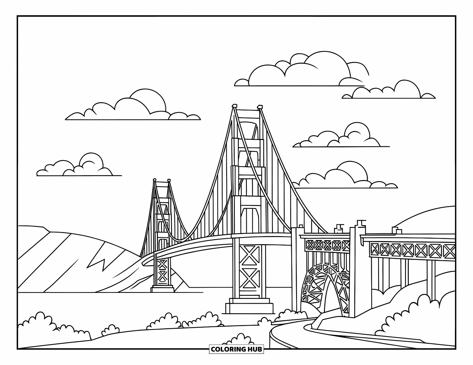 California Coloring Page for Kids: Golden Gate Bridge with fluffy clouds, trees, and a road nearby