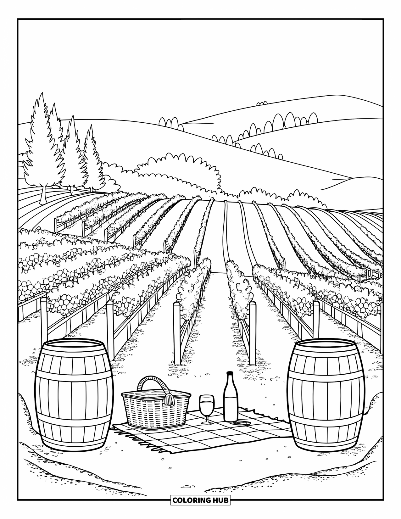 California Coloring Page for Kids: Grapes and barrels line a vineyard with a picnic basket and rolling hills
