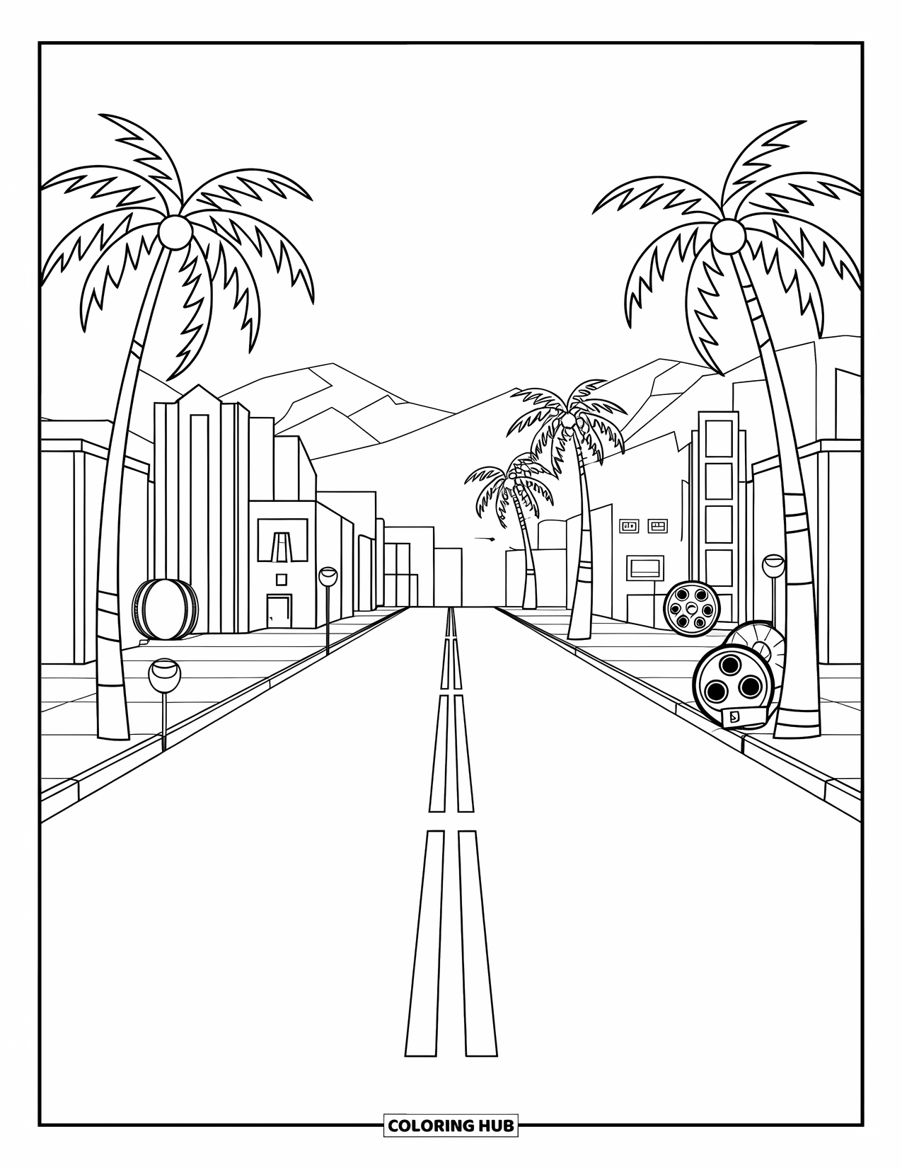 California Coloring Page for Kids: Hollywood street with film reels, palm trees, and mountains in the distance