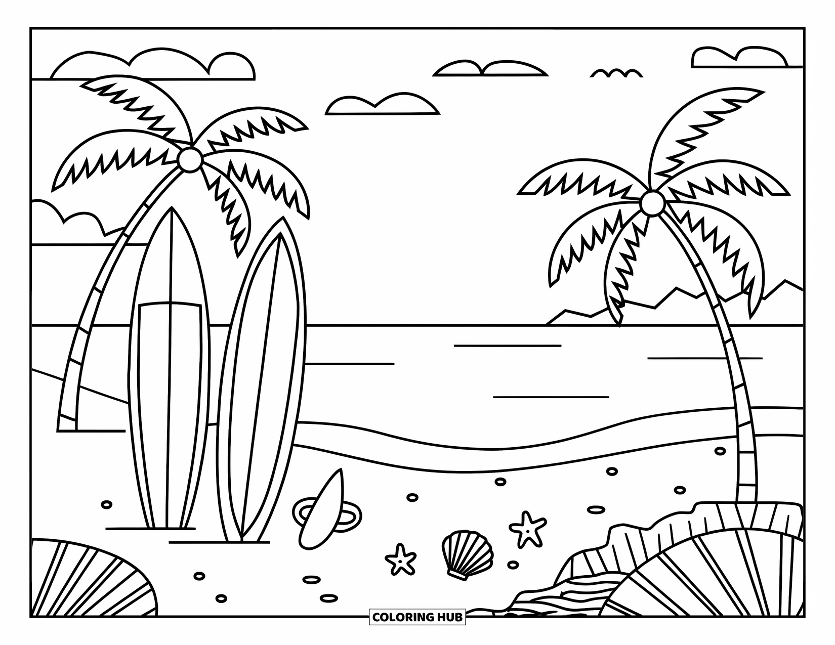 California Coloring Page for Kids: Surfboards and seashells rest on a sandy beach with swaying palm trees