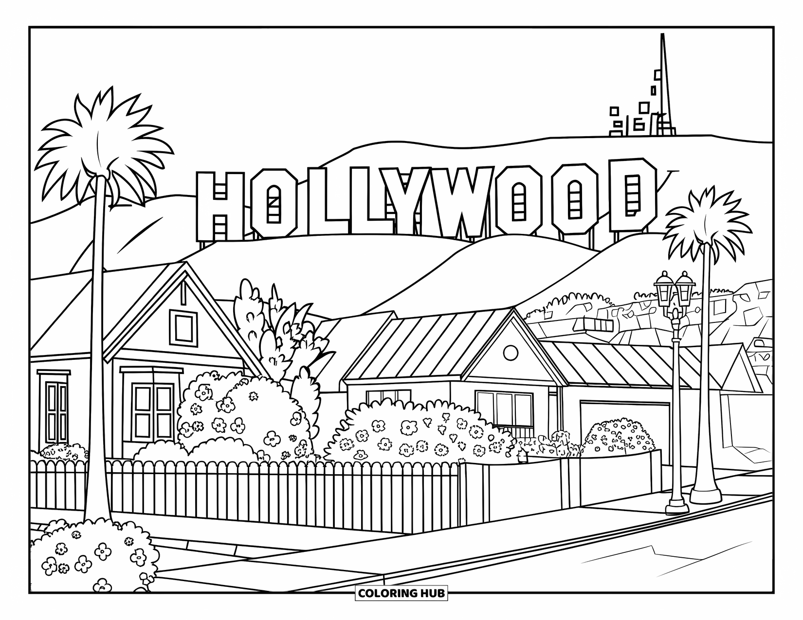 California Coloring Page for Kids: The Hollywood sign rises behind a cozy neighborhood with palm trees and flowers