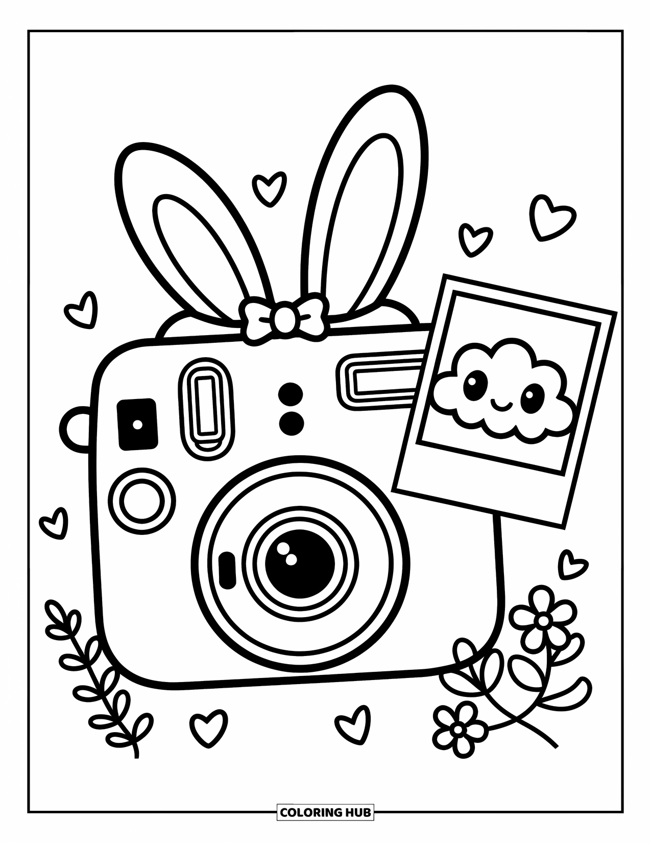 Camera Coloring Page for Adults: A bunny-eared camera prints a cheerful photo with clouds, hearts, and flowers