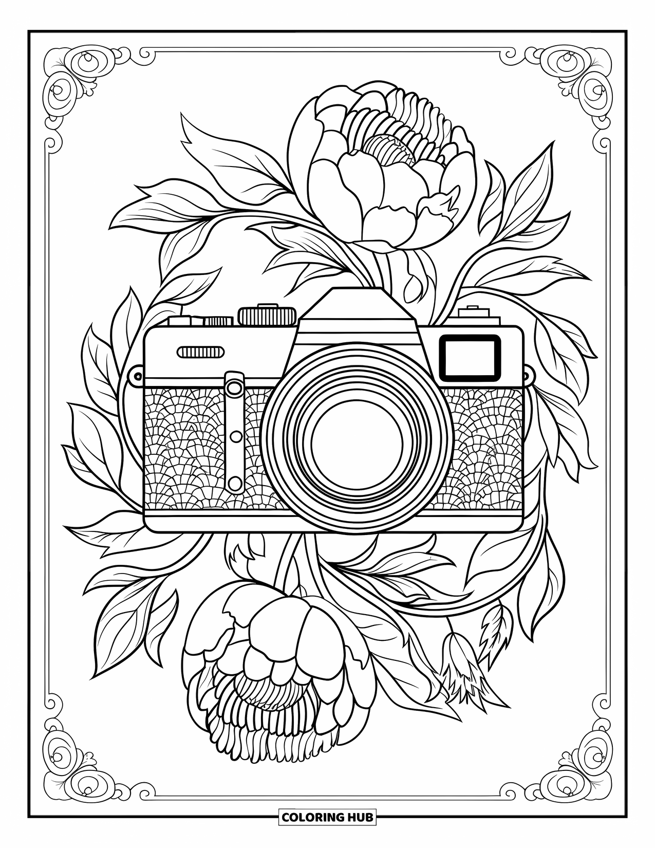 Camera Coloring Page for Adults: A camera lens is encircled by elegant peonies and swirling vines