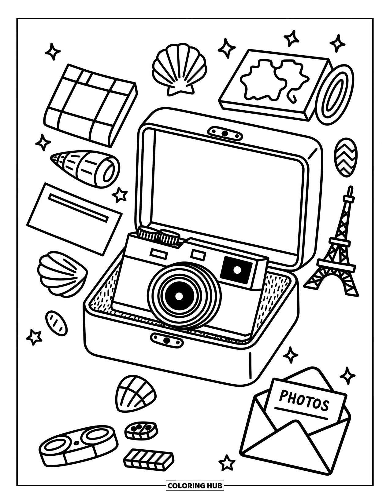 Camera Coloring Page for Adults: A camera rests in a memory box filled with maps, souvenirs, and travel keepsakes