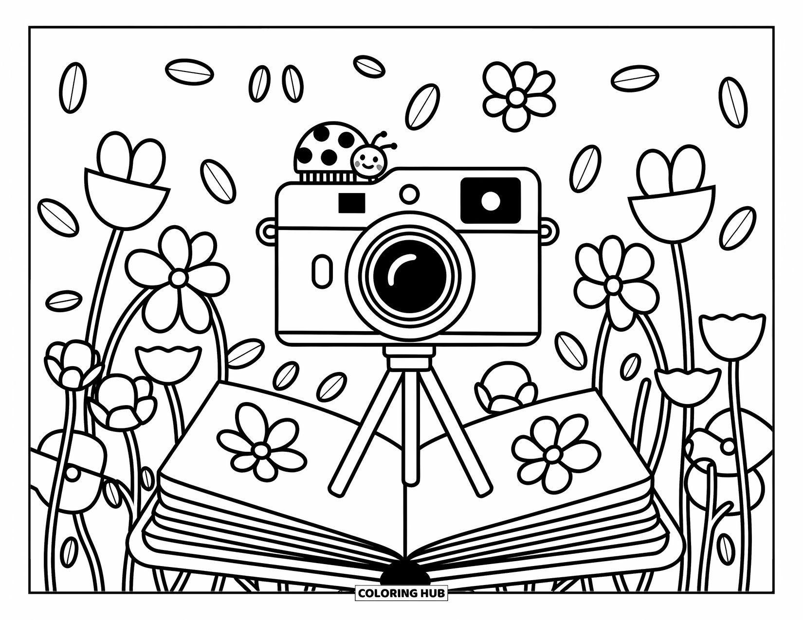 Camera Coloring Page for Adults: A camera with a ladybug lens cap sits in wildflowers beside a flower-filled sketchbook