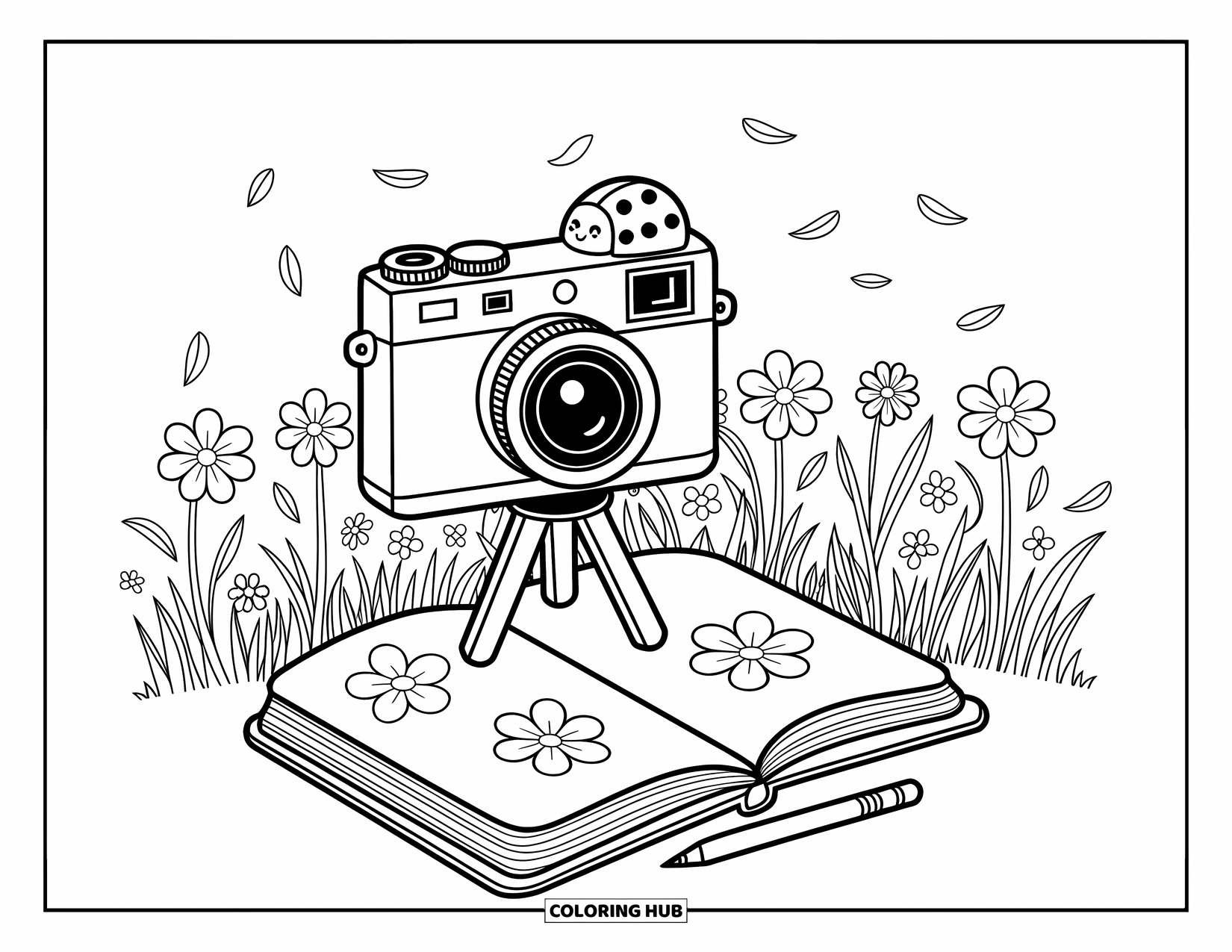 Camera Coloring Page for Adults: A cozy camera rests in a wildflower field with floating petals and a sketchbook