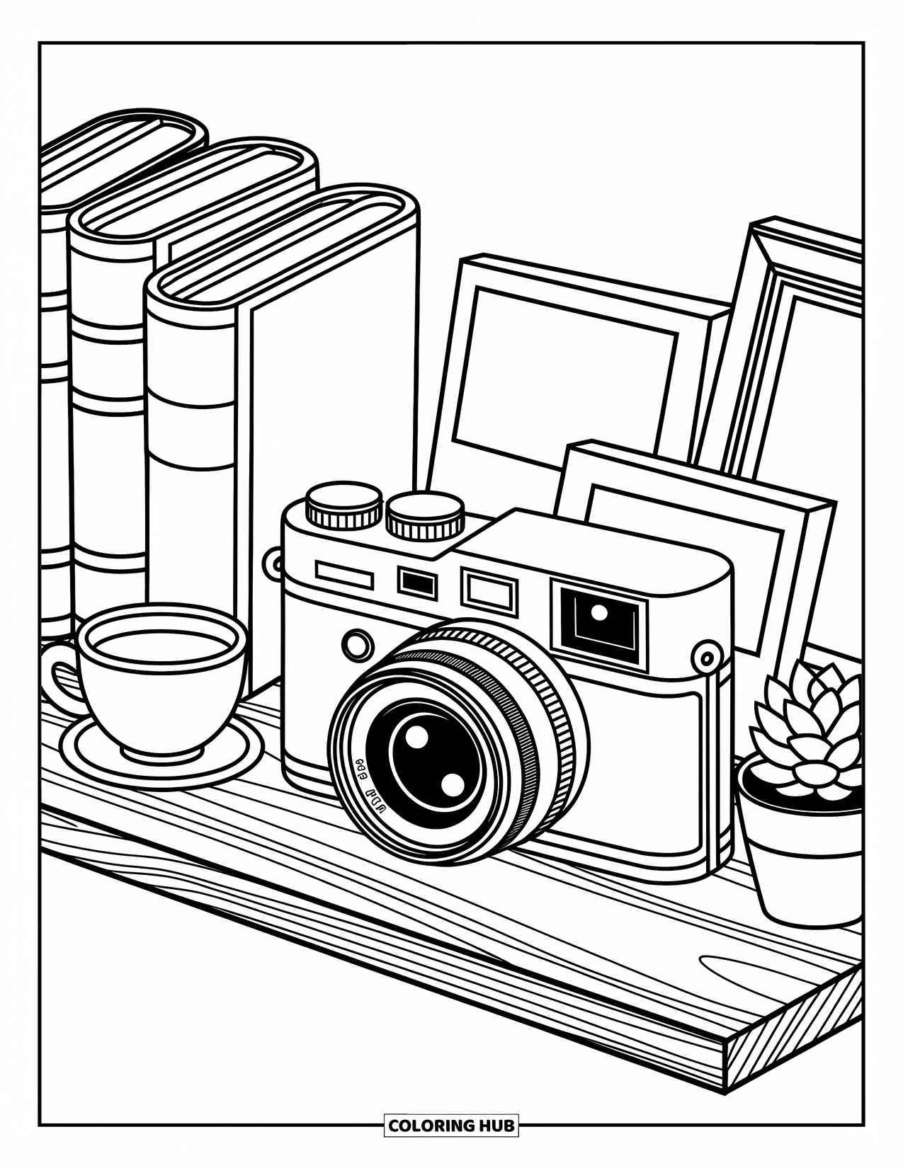 Camera Coloring Page for Adults: A cozy shelf holds a camera, polaroids, warm tea, and stacked journals