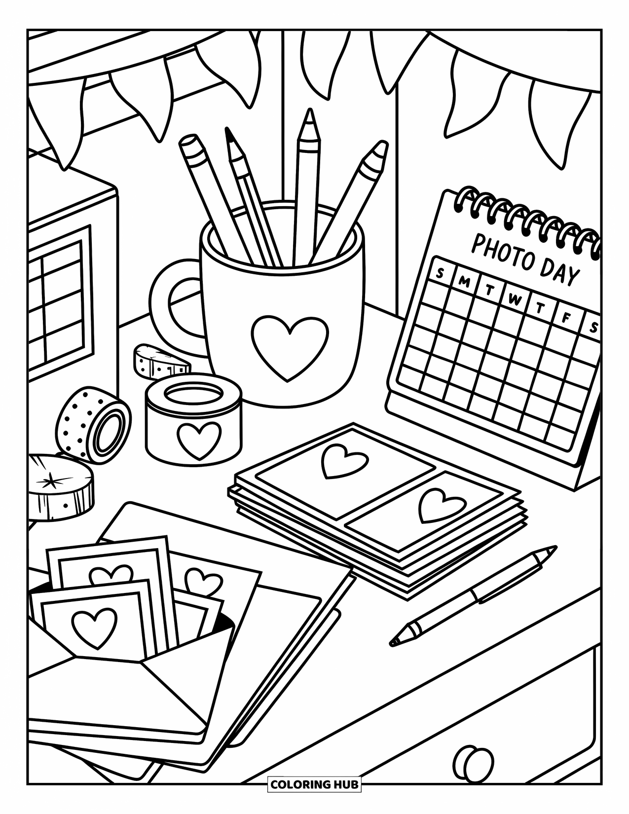 Camera Coloring Page for Adults: A desk filled with cute stationery, washi tape, and a ìPhoto Dayî calendar