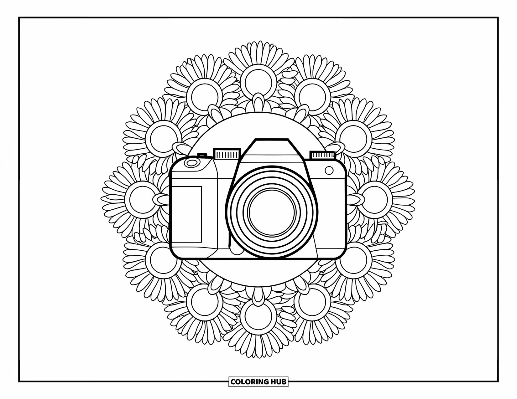 Camera Coloring Page for Adults: A DSLR camera on a tripod rests inside a daisy and sunflower mandala