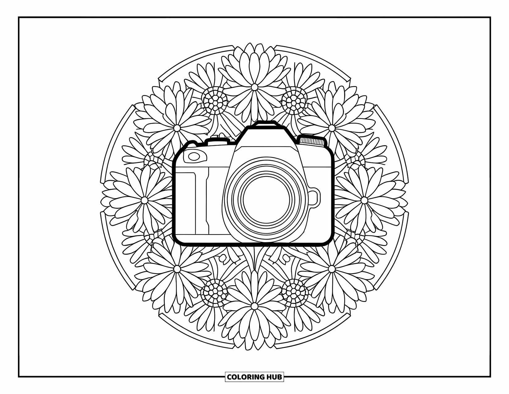 Camera Coloring Page for Adults: A DSLR camera sits in the center of a sunflower and daisy mandala