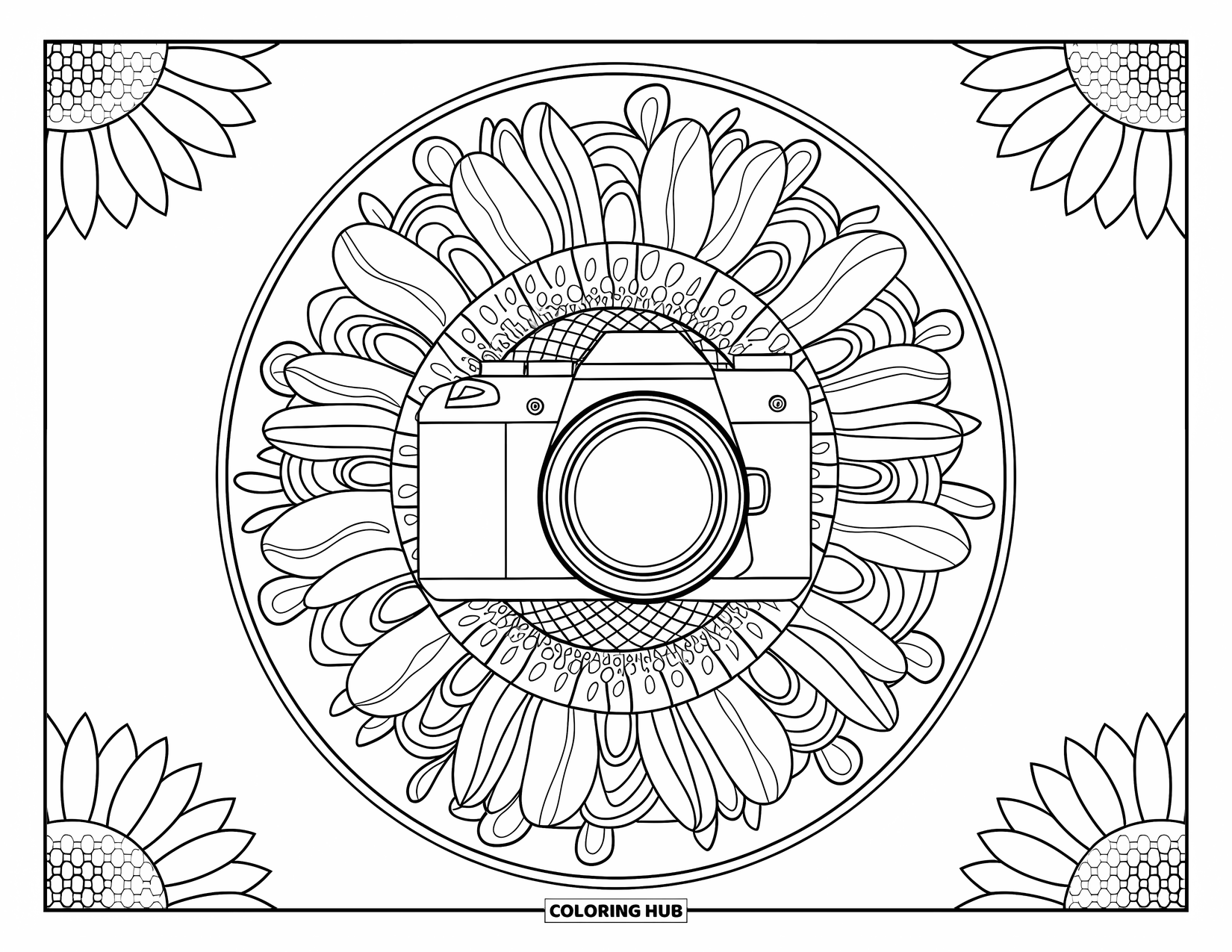Camera Coloring Page for Adults: A floral mandala with sunflowers and daisies frames a DSLR camera