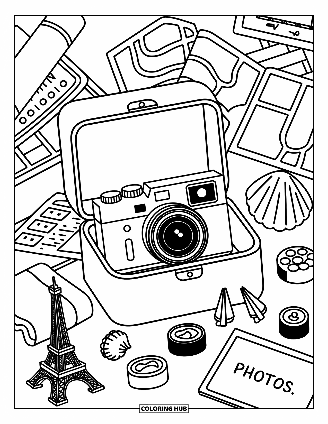 Camera Coloring Page for Adults: A memory box holds a camera, maps, keychains, and a ìPhotosî envelope